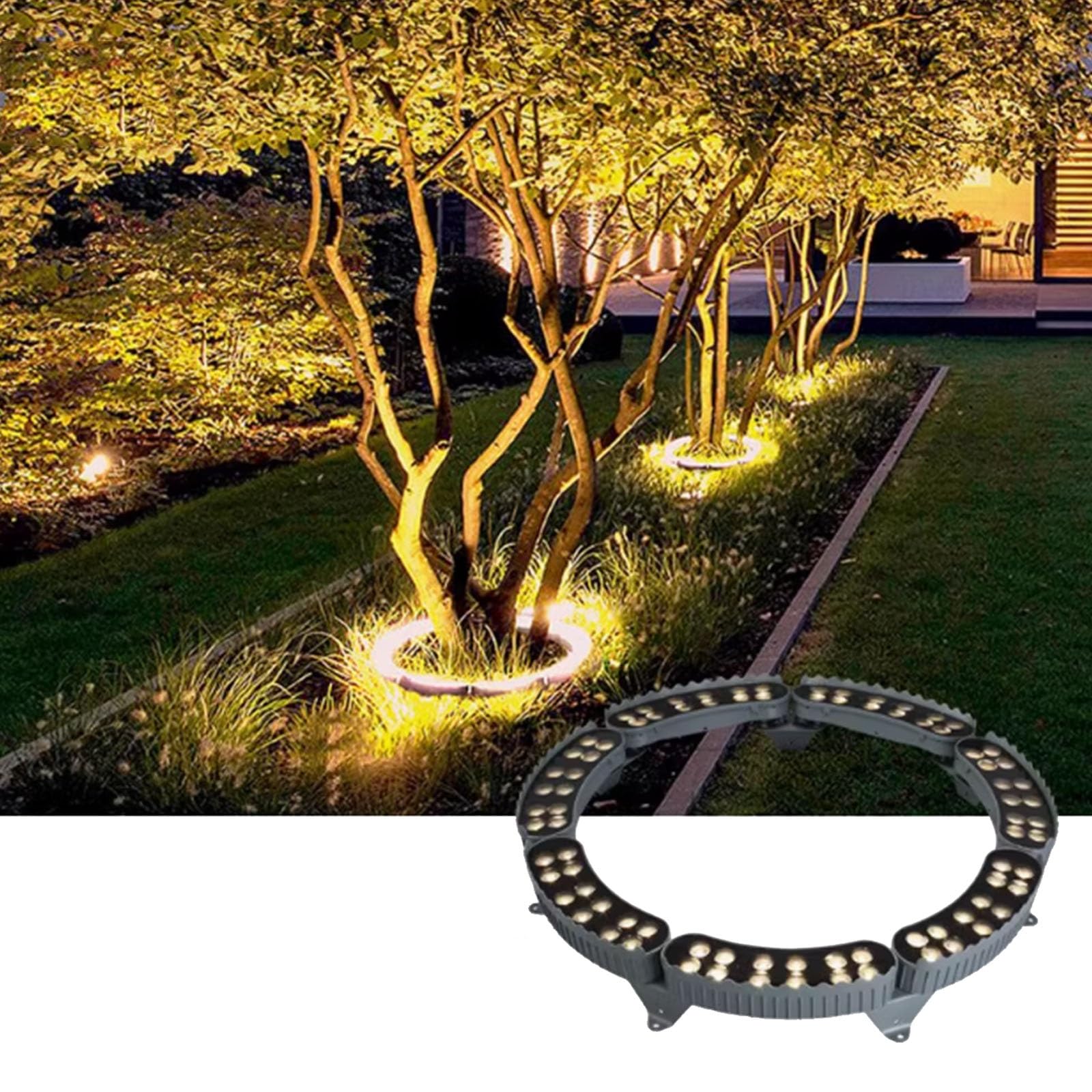 Un jardin nocturne avec des arbres éclairés par des anneaux lumineux à la base, et un anneau de projecteurs LED gris en premier plan.