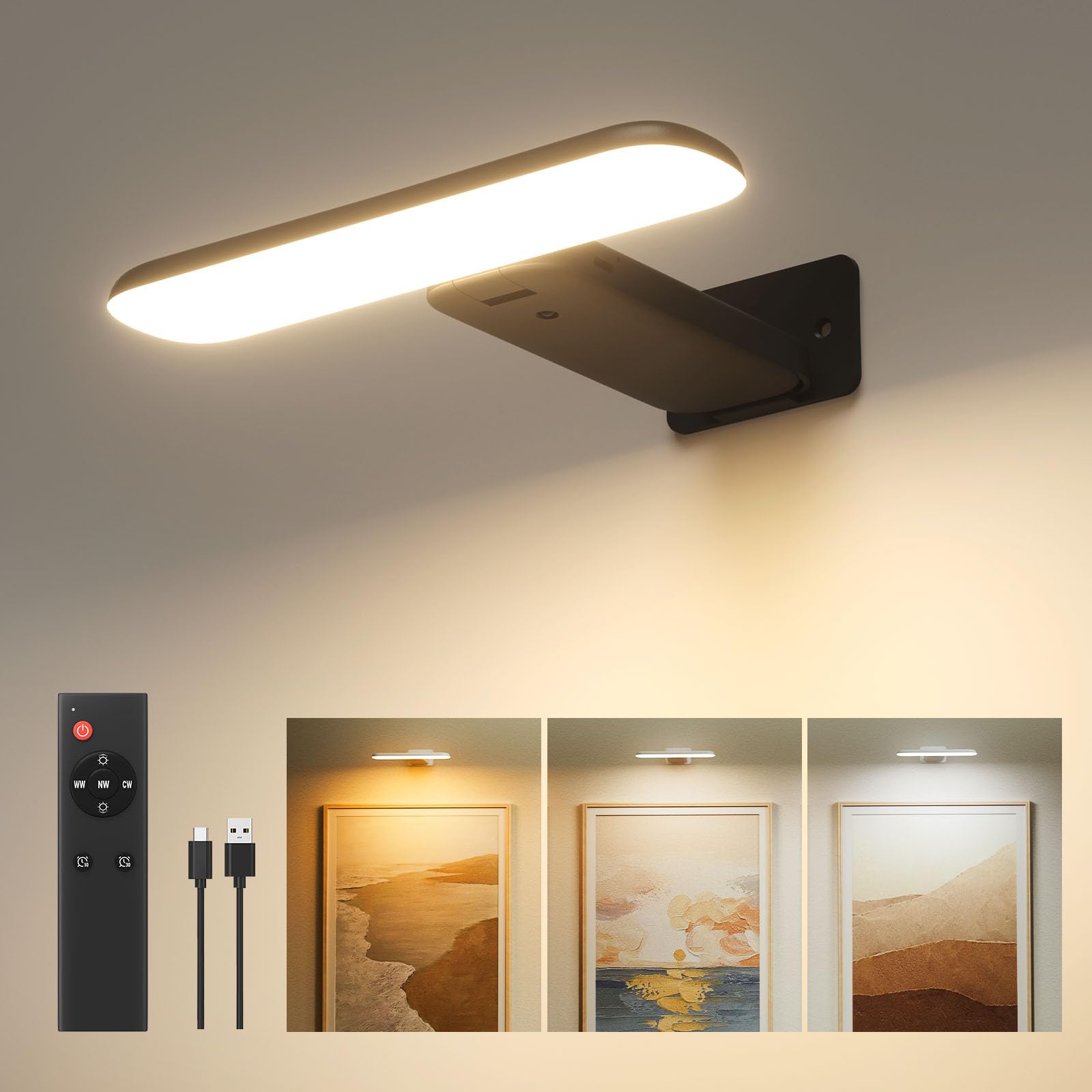 Une applique lumineuse noire fixée au plafond avec sa télécommande et son câble USB, illustrée par trois vignettes montrant son rendu sur des tableaux avec différentes températures de couleur.