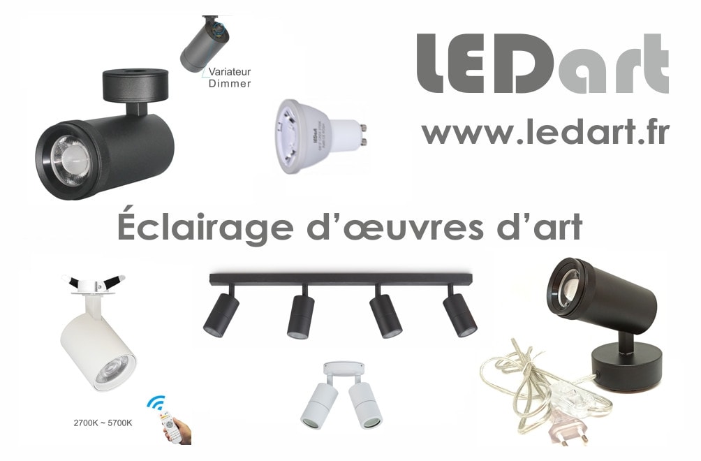 Une publicité pour la marque LEDart présentant plusieurs modèles de spots, une ampoule, un rail d’éclairage et une télécommande avec la mention Éclairage d’œuvres d’art.