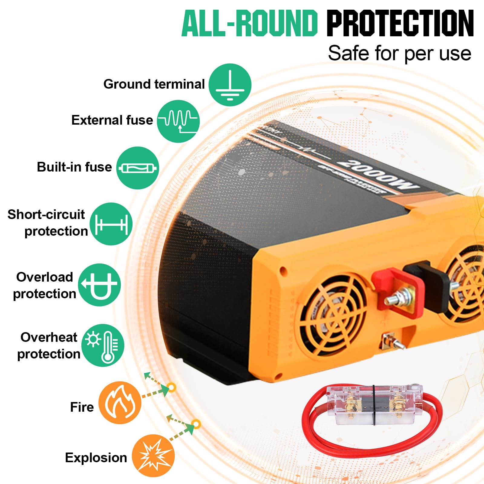 Onduleur 2000W orange et noir avec ventilateurs et bornes, entouré d’icônes listant les protections.