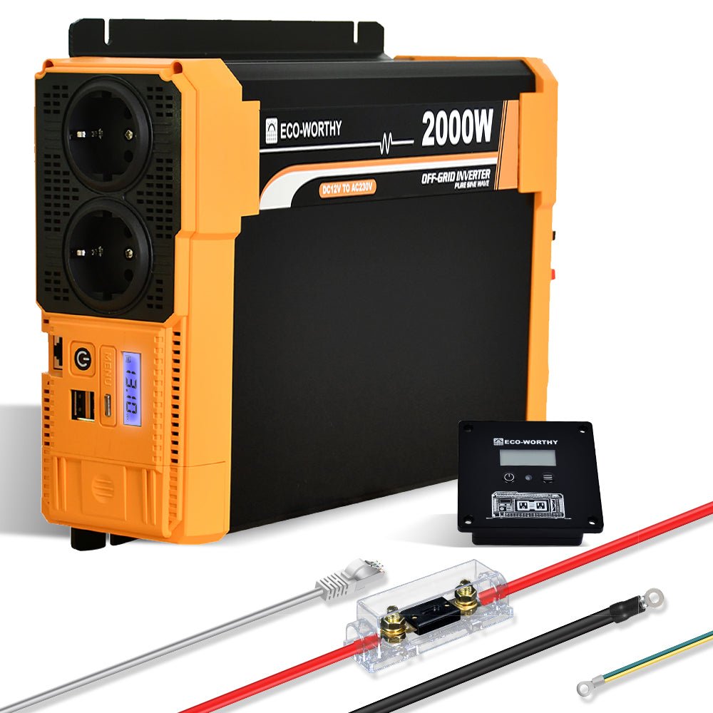Onduleur ECO-WORTHY 2000W orange et noir avec panneau de contrôle, câbles et fusible.