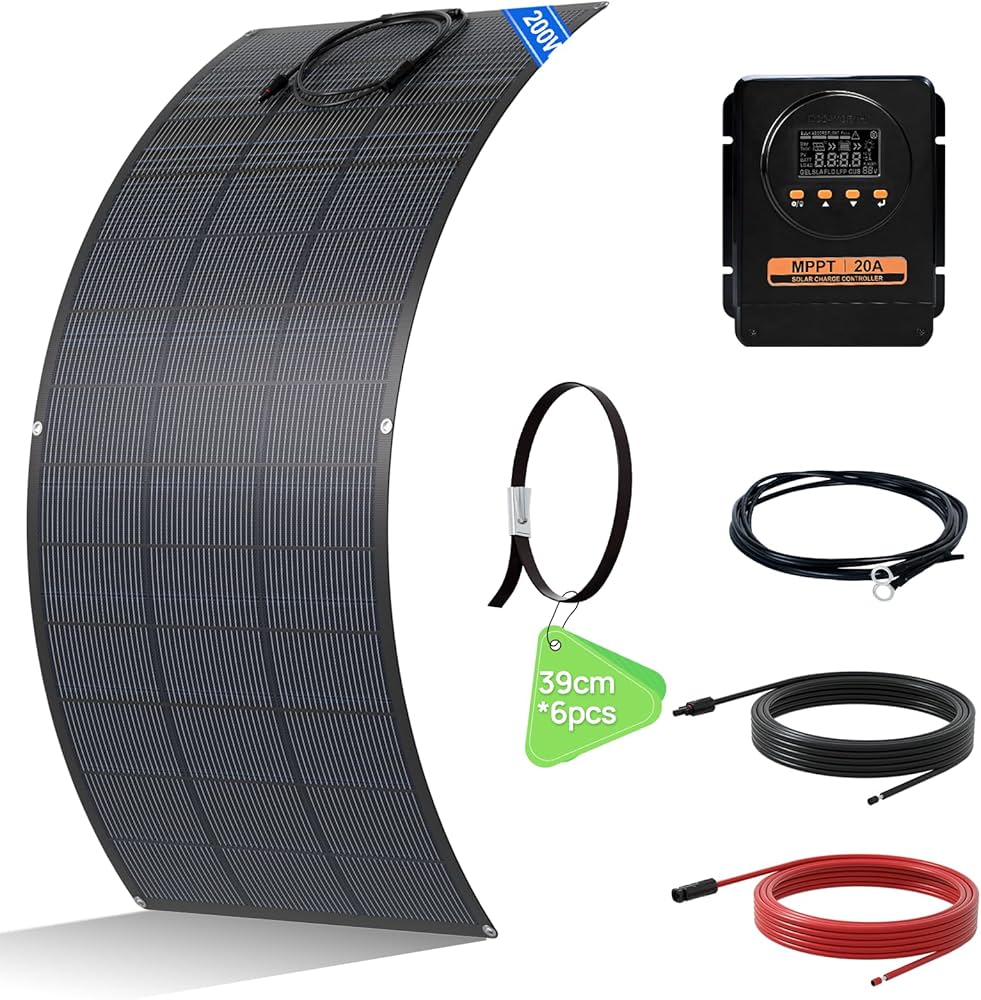 Un panneau solaire flexible courbé avec une étiquette 200W, accompagné d’un régulateur de charge MPPT 20A, de colliers de serrage et de plusieurs bobines de câbles noirs et rouges.