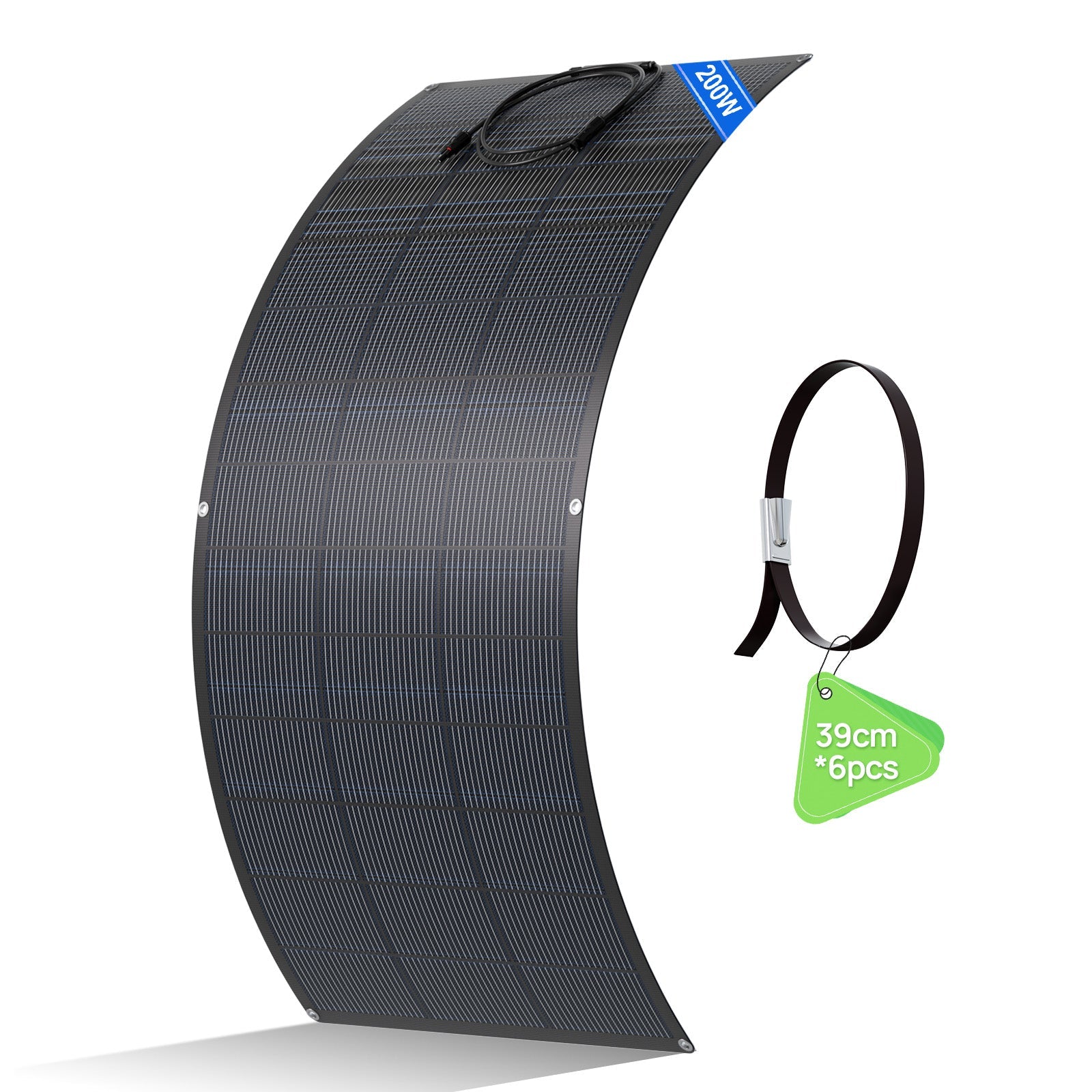 Un panneau solaire flexible courbé avec un câble noir et une étiquette bleue 200W, accompagné d’un collier de serrage noir avec une étiquette verte indiquant 39cm *6pcs.