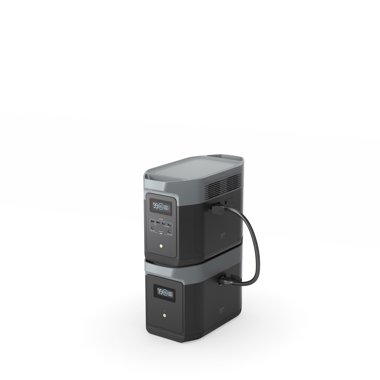 Station EcoFlow DELTA 2 Max avec une batterie supplémentaire empilée en dessous et reliée par câble