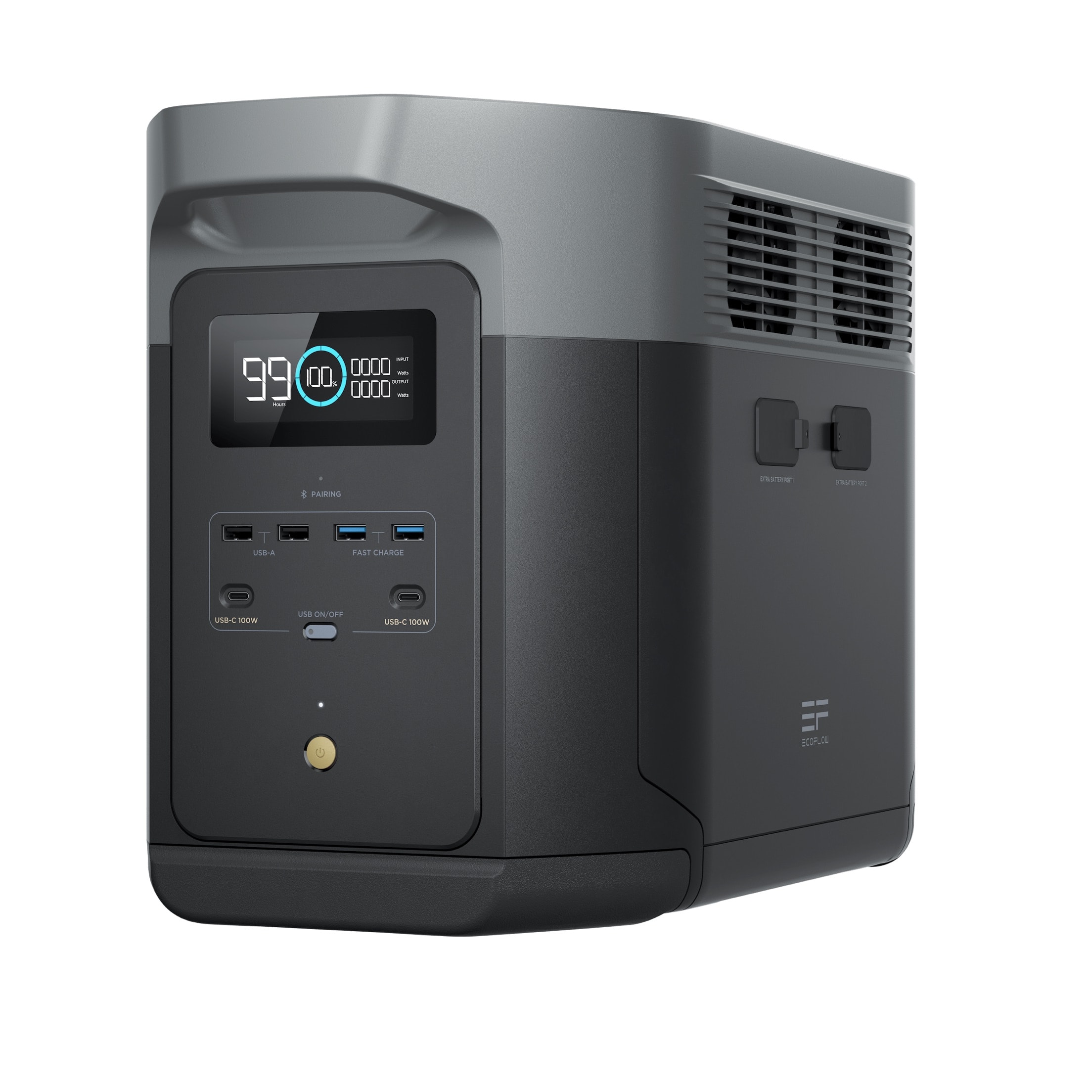 Station électrique portable EcoFlow DELTA 2 Max vue de face avec ses prises 230 V et l’écran