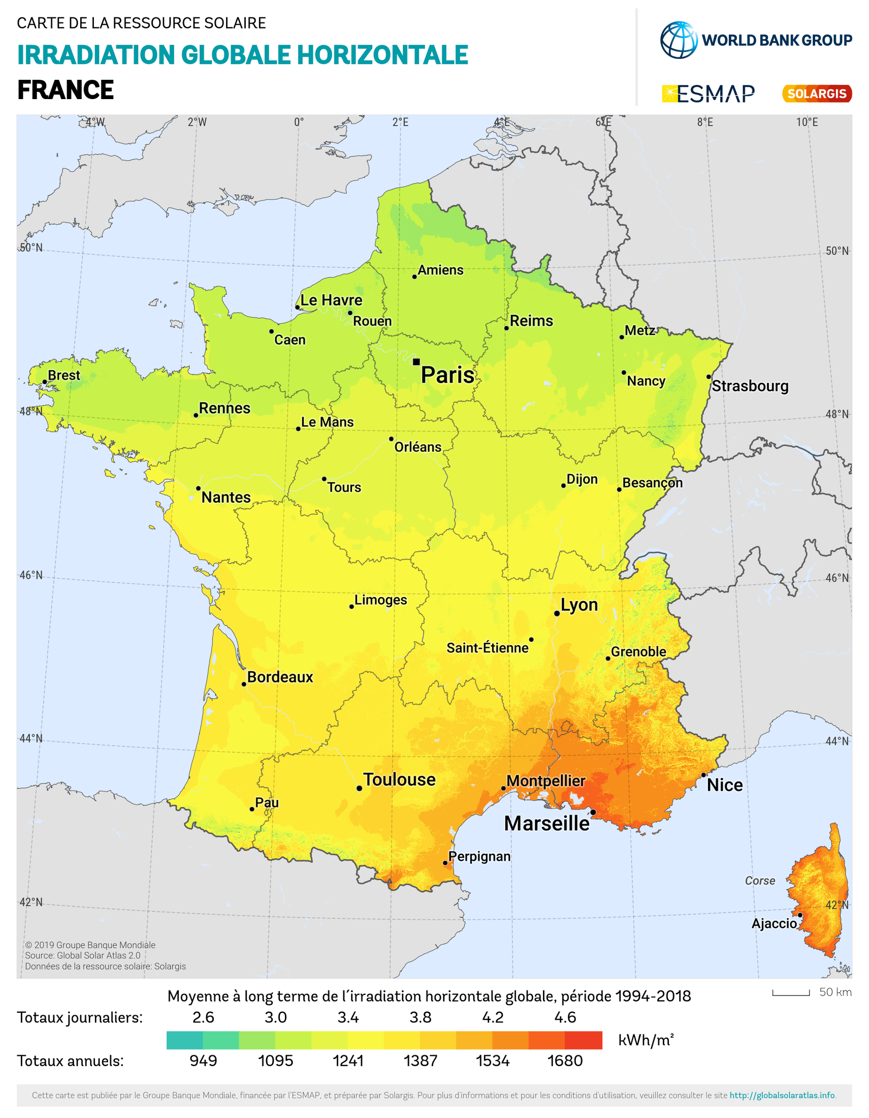 Carte des ressources solaires en France — ensoleillement et potentiel photovoltaïque par région