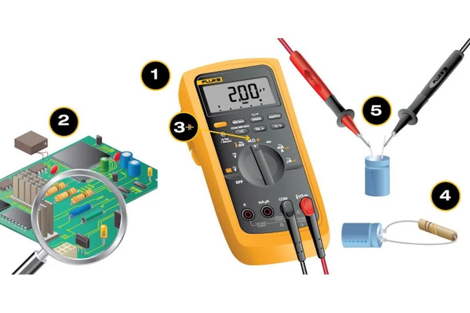 Sondes de multimètre sur un condensateur d’une carte électronique