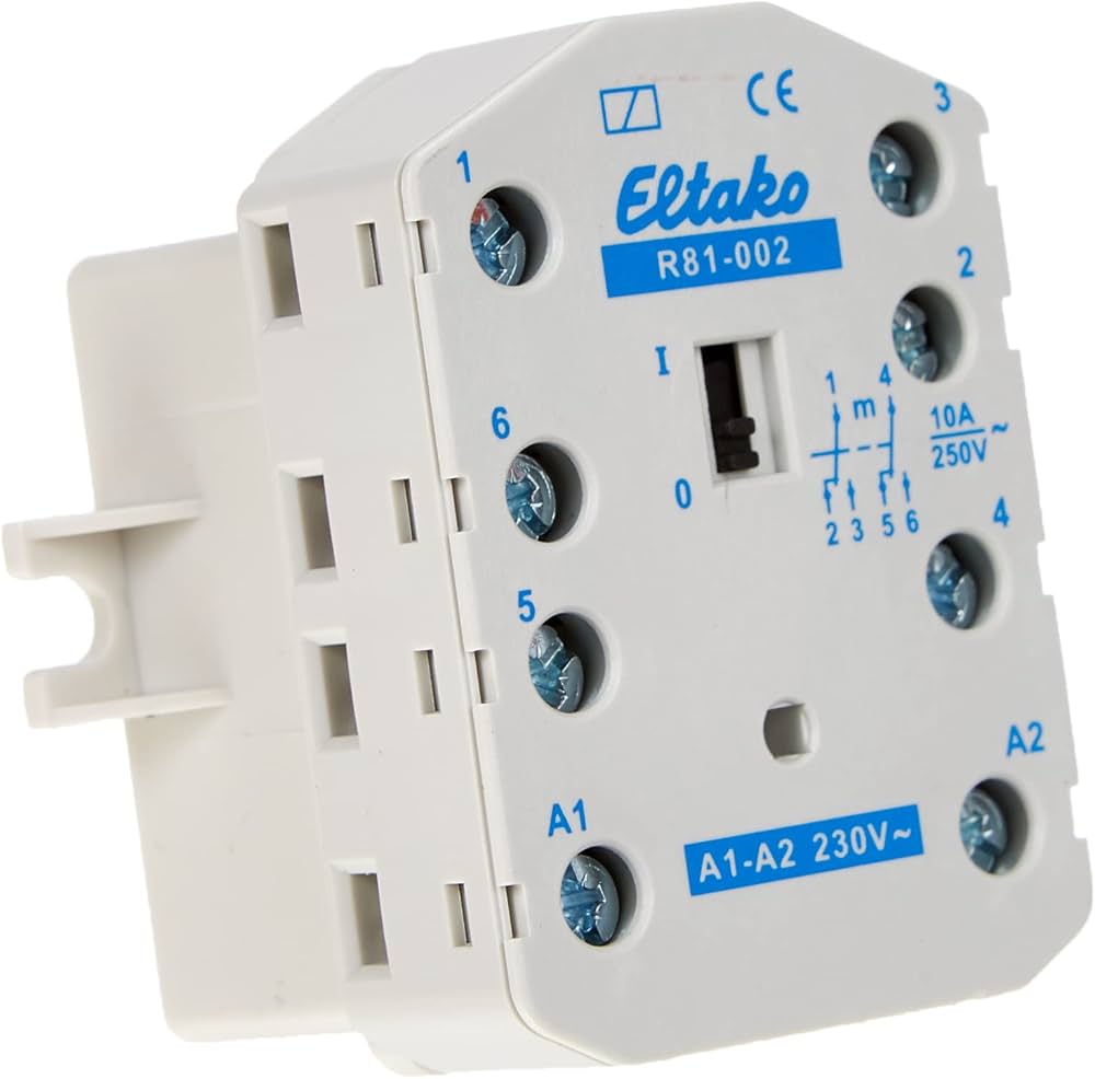 Module électrique blanc de la marque Eltako, modèle R81-002, avec bornes de connexion et interrupteur.