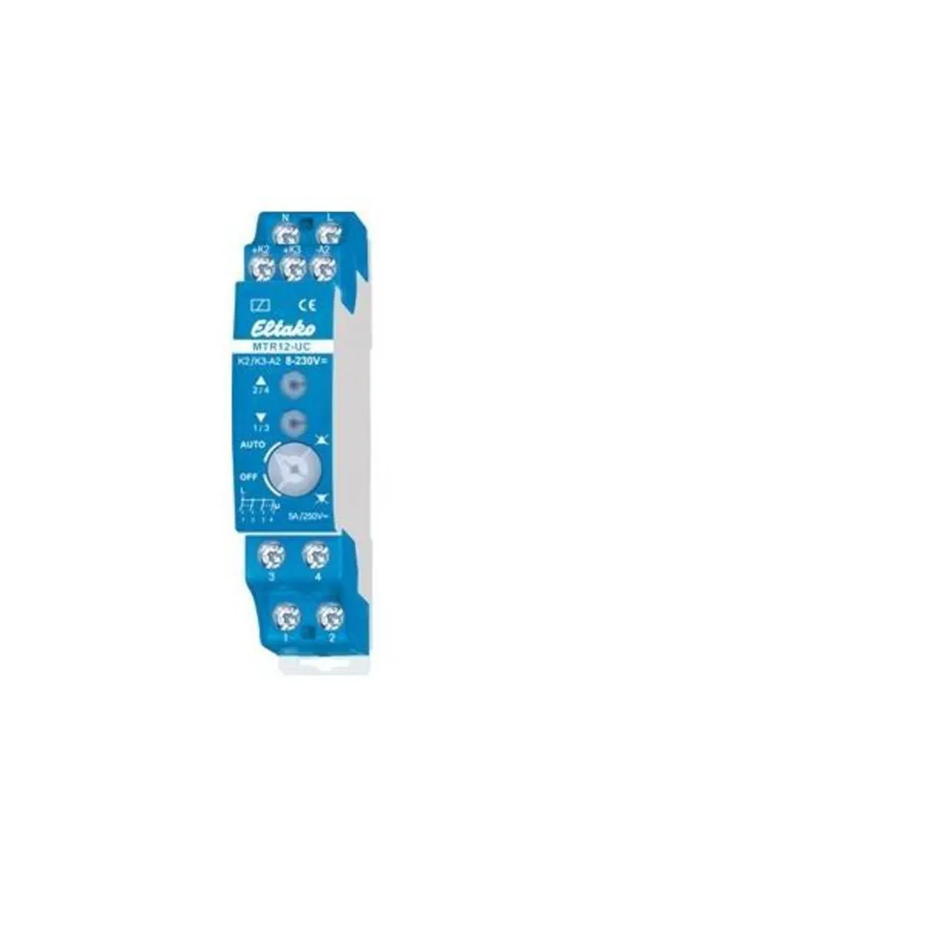 Module électrique bleu et blanc de la marque Eltako, modèle MTR12-UC, avec bornes et molette de réglage.