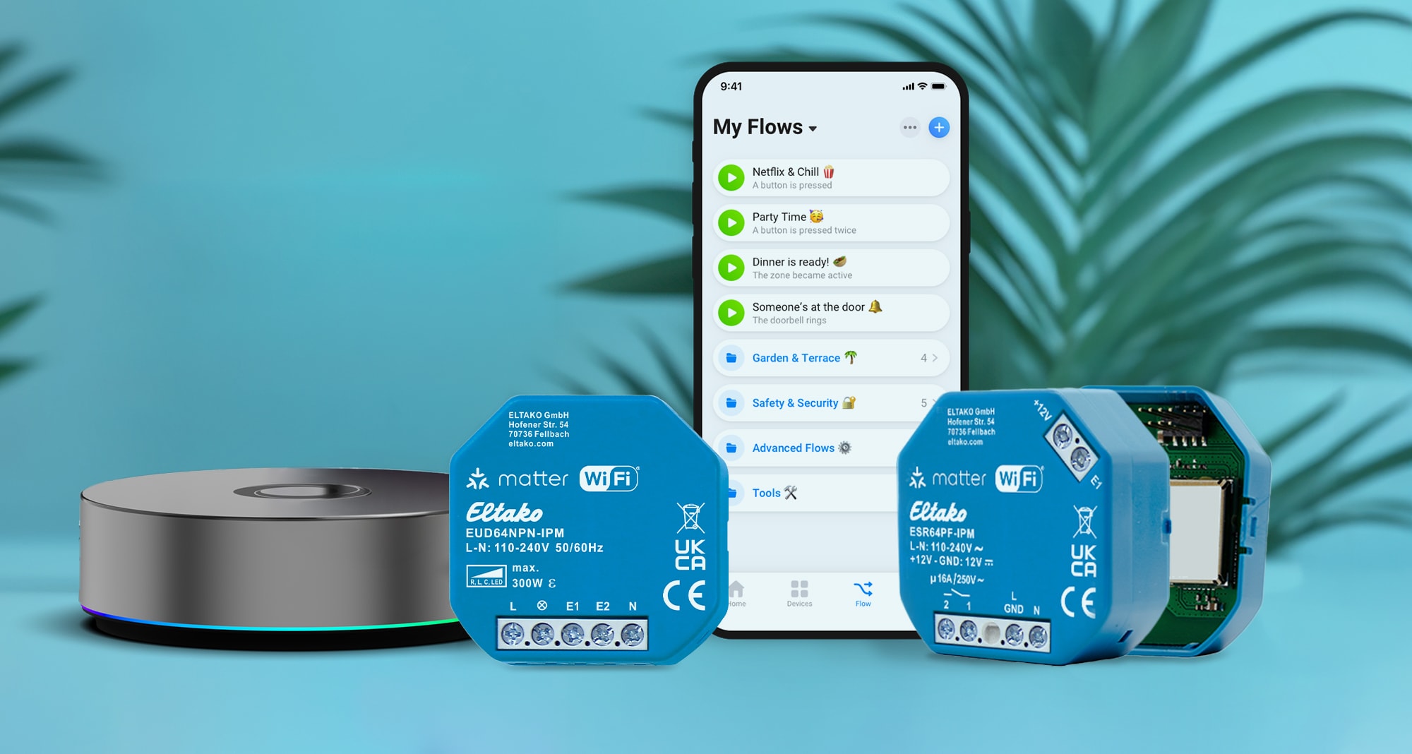 Composition montrant deux modules connectés Eltako Matter WiFi, un smartphone avec une application domotique et une box domotique grise.