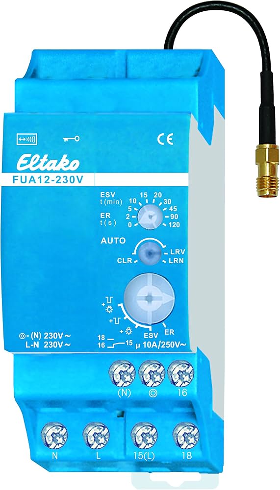 Module électronique bleu Eltako FUA12-230V avec antenne externe, borniers et molettes de réglage.