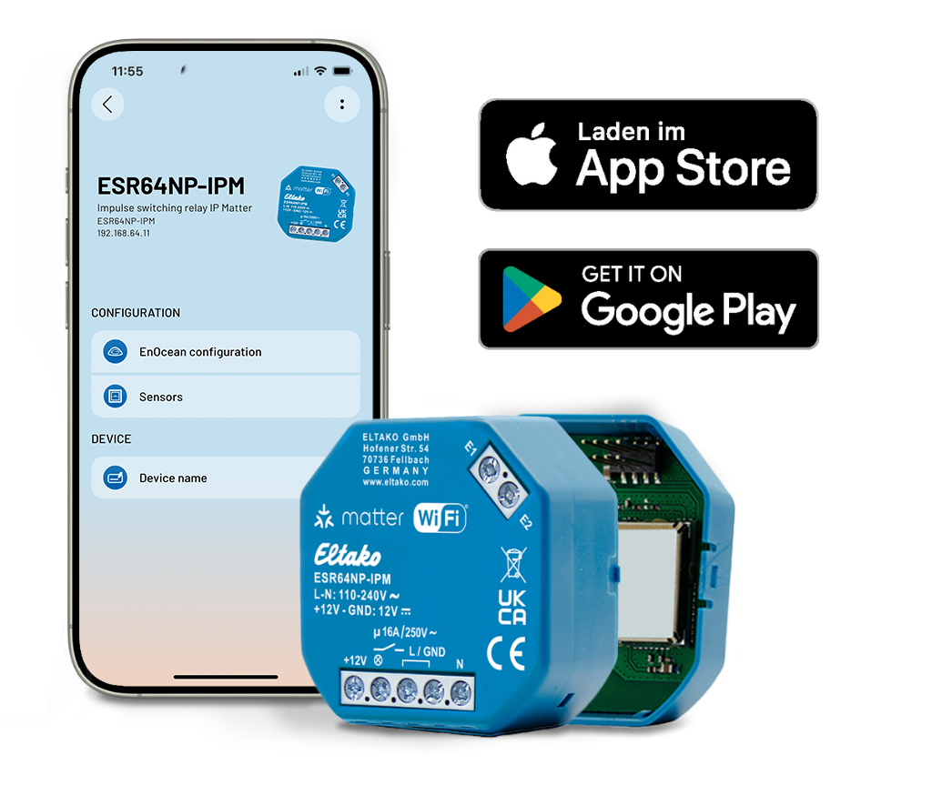 Smartphone affichant l'application de configuration du ESR64NP-IPM à côté du boîtier Eltako ESR64NP-IPM ouvert et des badges App Store et Google Play.