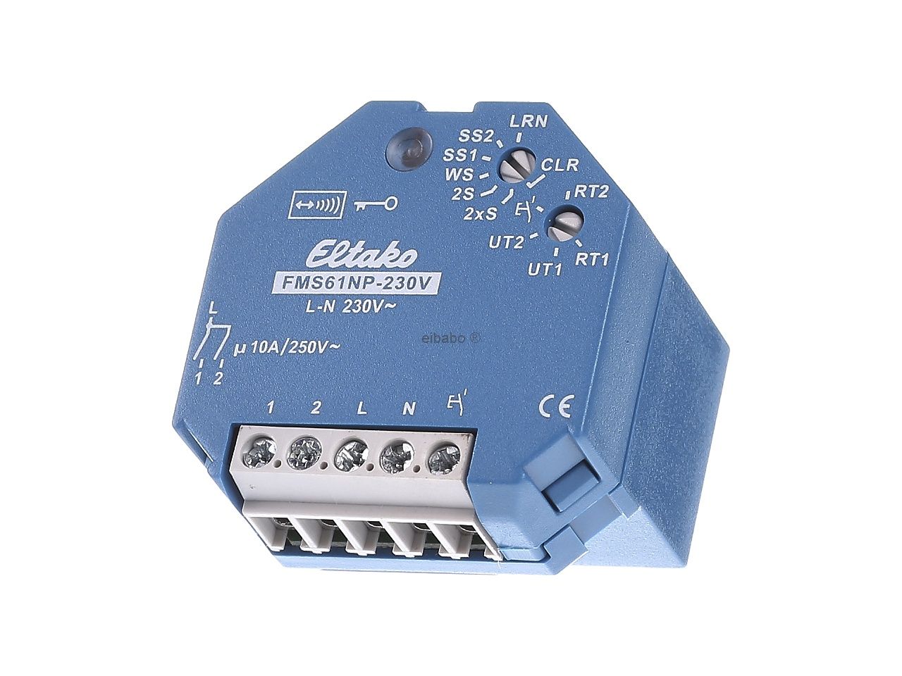 Boîtier électronique bleu octogonal Eltako FMS61NP-230V avec borniers et molettes de réglage.
