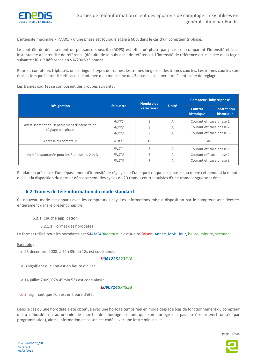 Extrait de la documentation Enedis montrant les intensités instantanées IINST1 IINST2 et IINST3 d’un compteur Linky triphasé