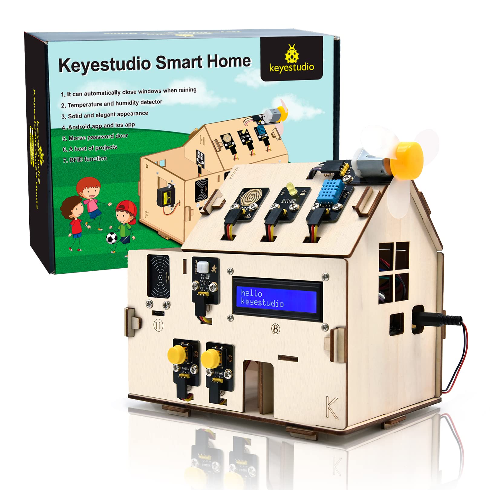 Kit de maison intelligente en bois de la marque Keyestudio avec capteurs, écran LCD et ventilateur, présenté avec sa boîte.