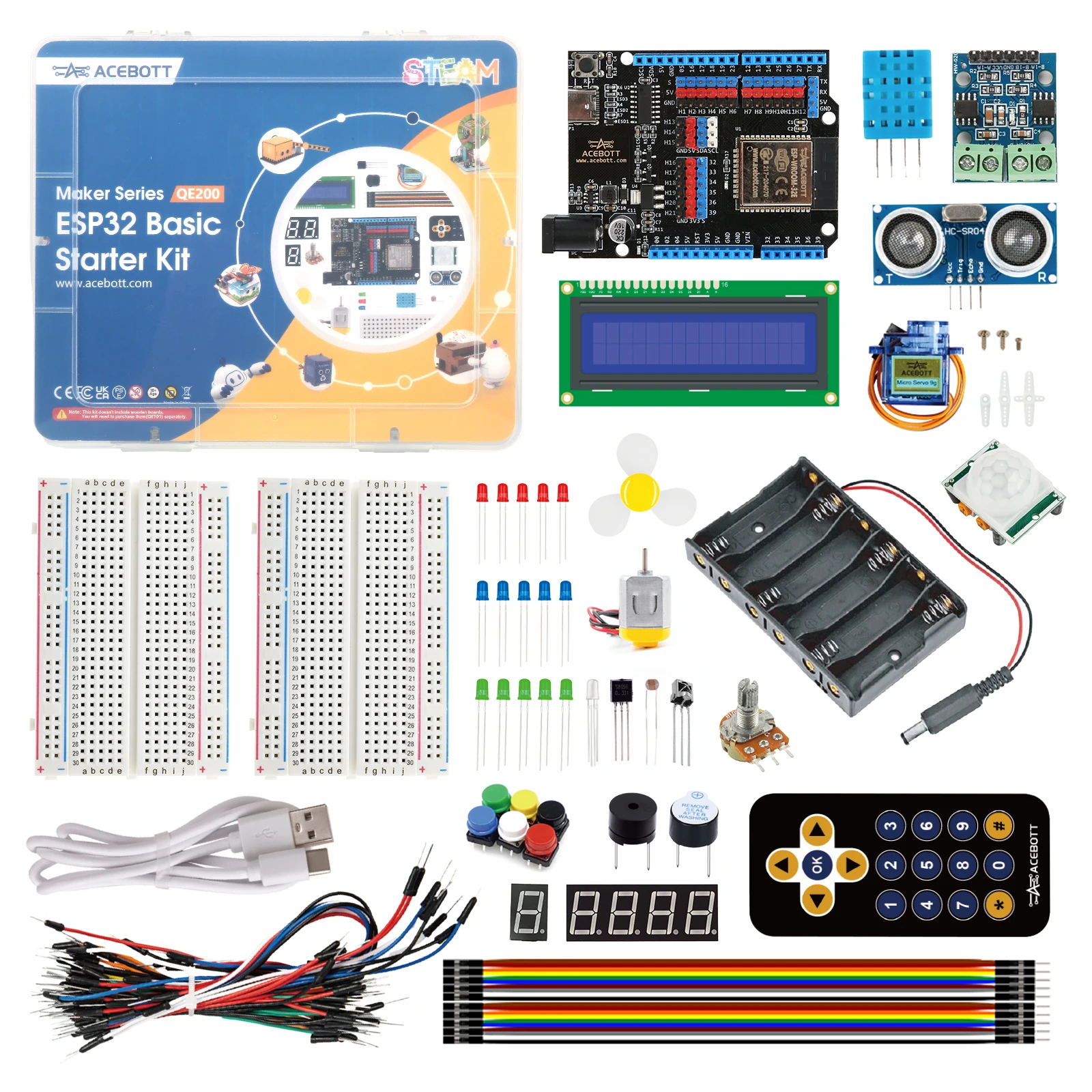 Kit de démarrage ESP32 de la marque ACEBOTT contenant une carte microcontrôleur, des breadboards, des capteurs, un écran LCD et divers composants électroniques.