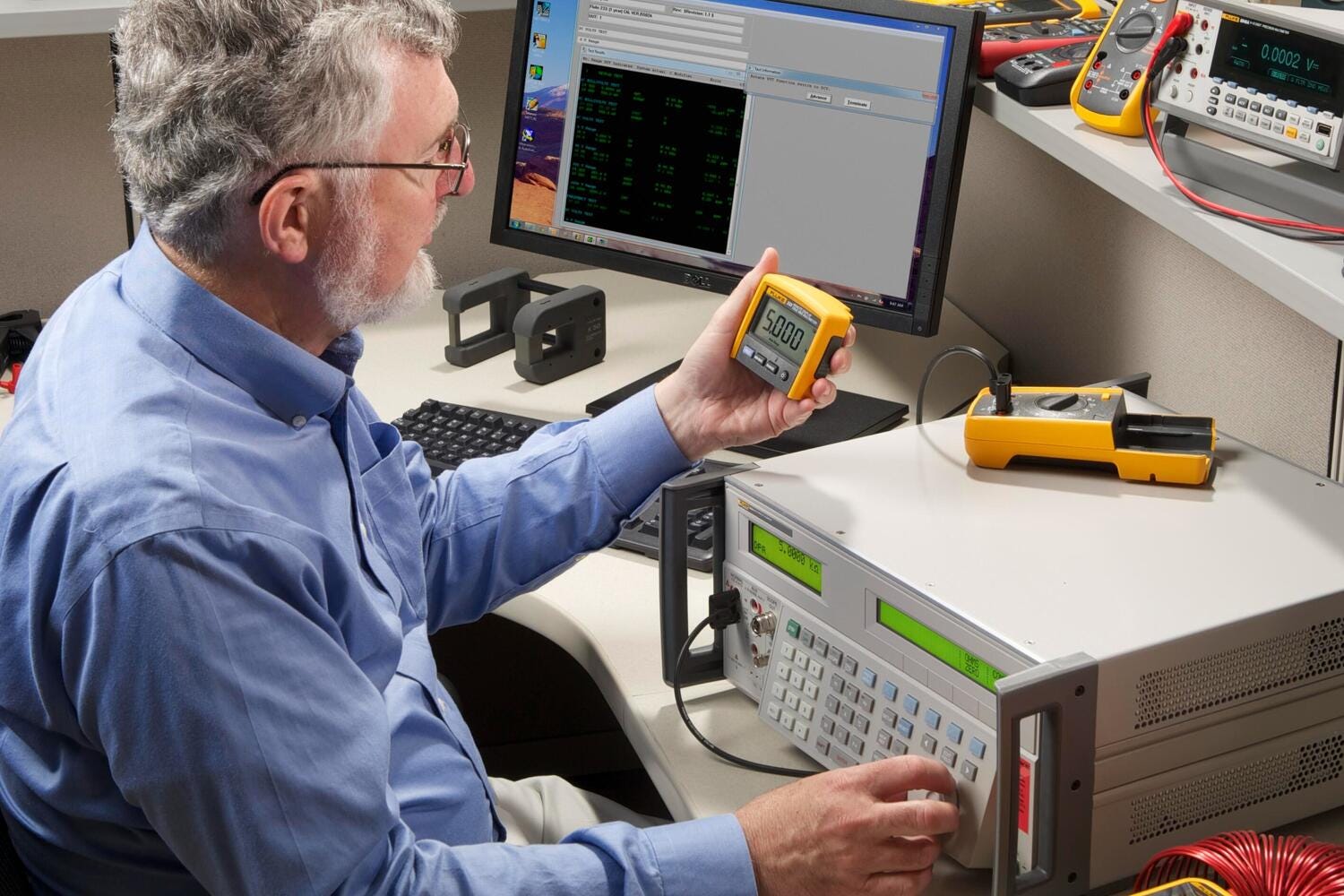 Technicien utilisant un étalonneur multiproduit Fluke 5502A avec un multimètre