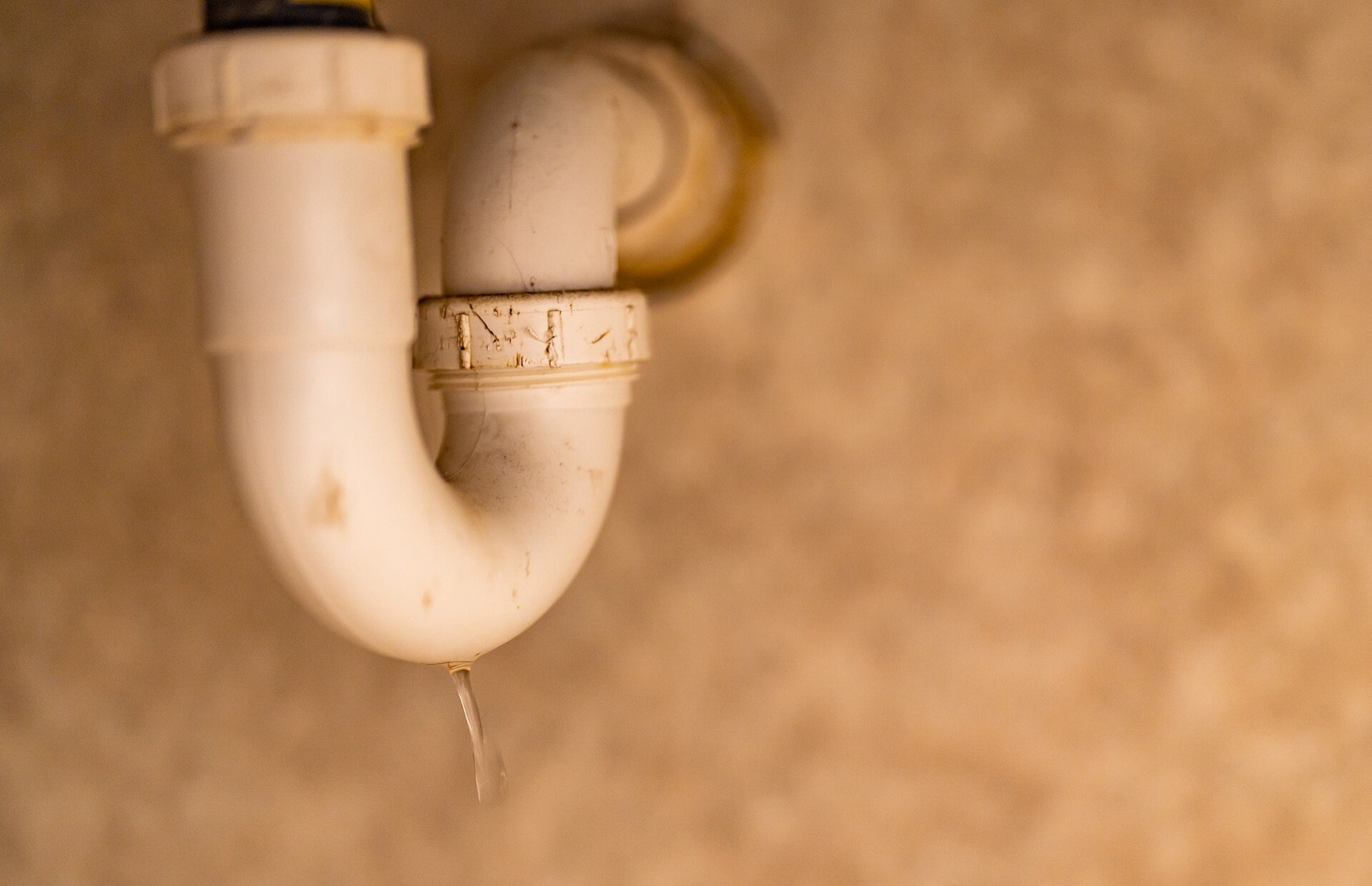 Siphon tubulaire en PVC blanc sous un lavabo, avec un écoulement d’eau au bas du coude