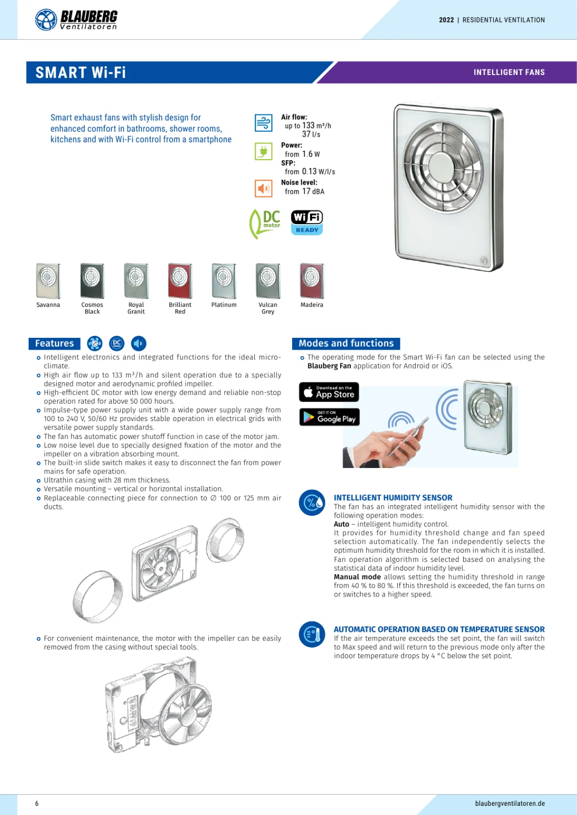 Extrait de la fiche technique Blauberg Smart Wi-Fi montrant l’application, les capteurs et les modes de fonctionnement