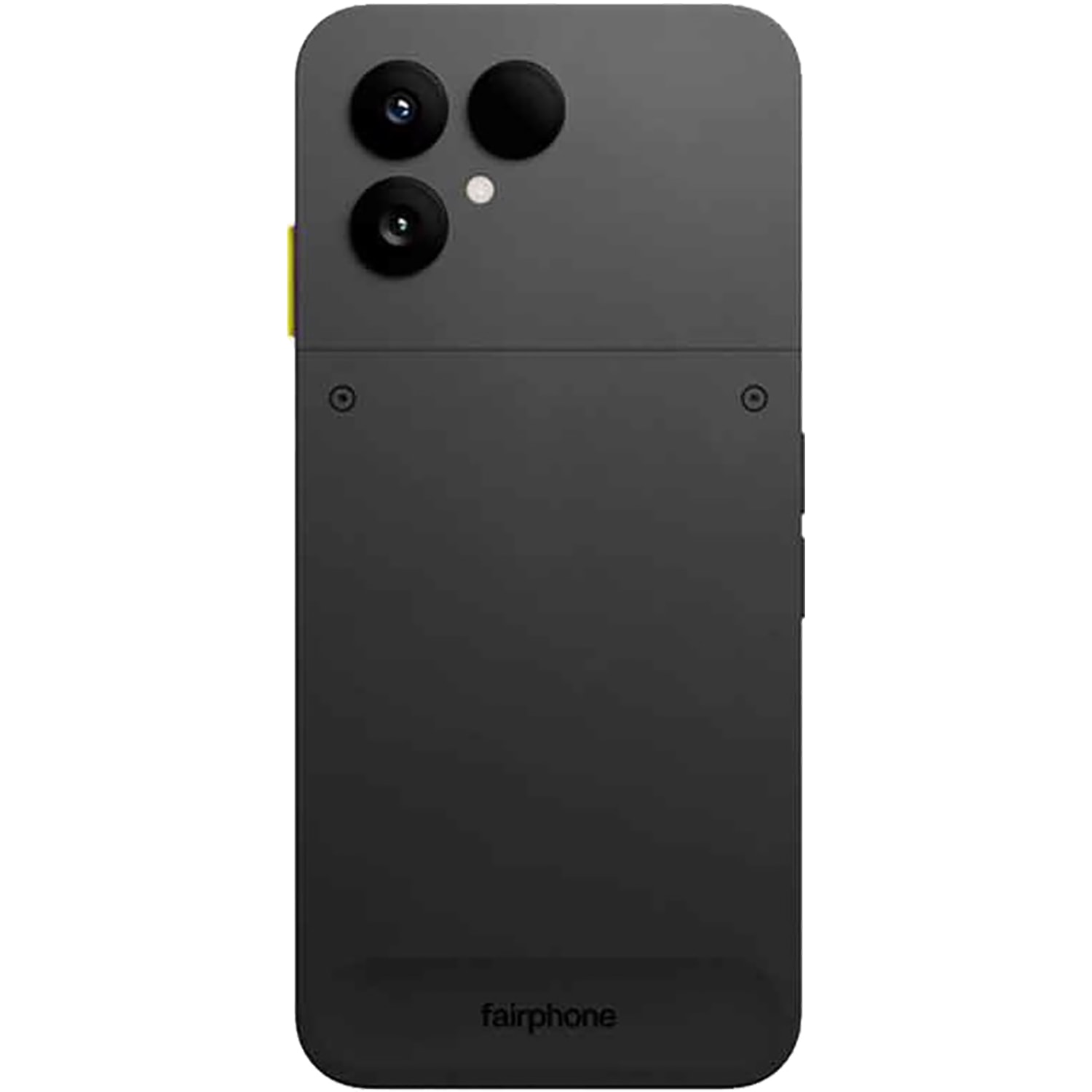 Dos d'un smartphone noir Fairphone avec triple module caméra en haut à gauche et logo fairphone en bas
