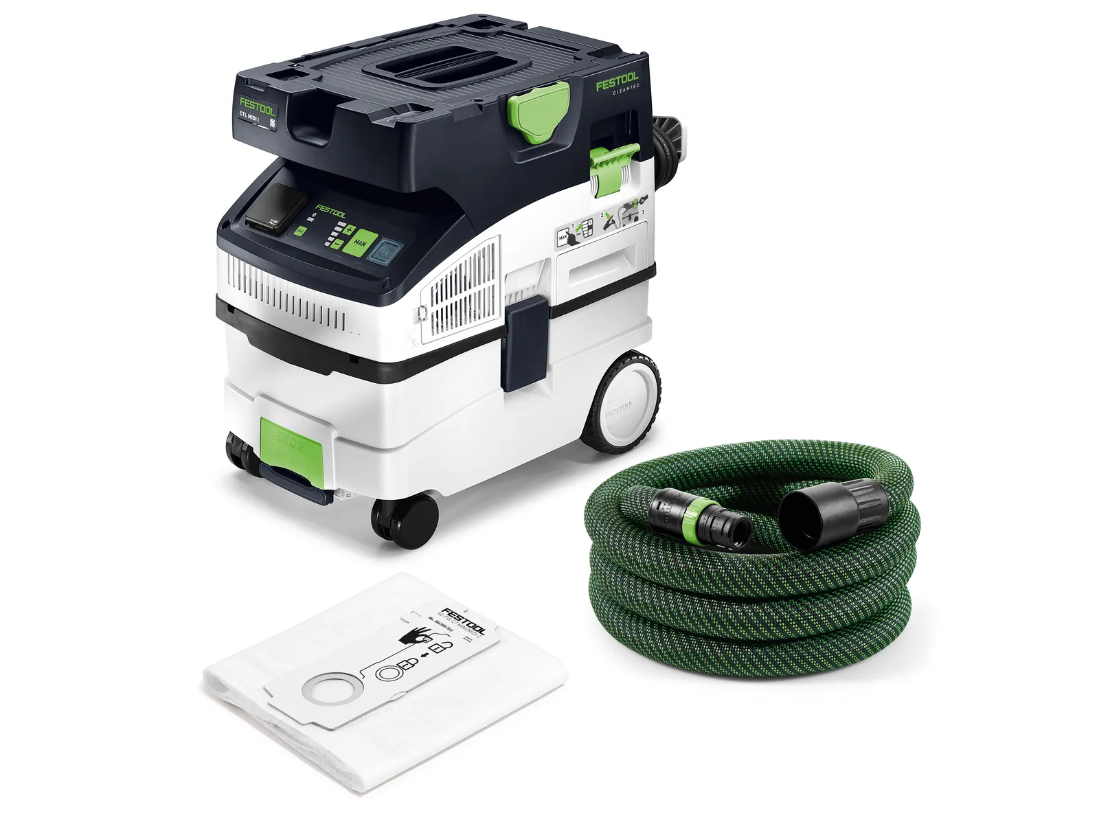Aspirateur compact Festool CTL MIDI I sur roulettes, avec commande tactile et tuyau lisse