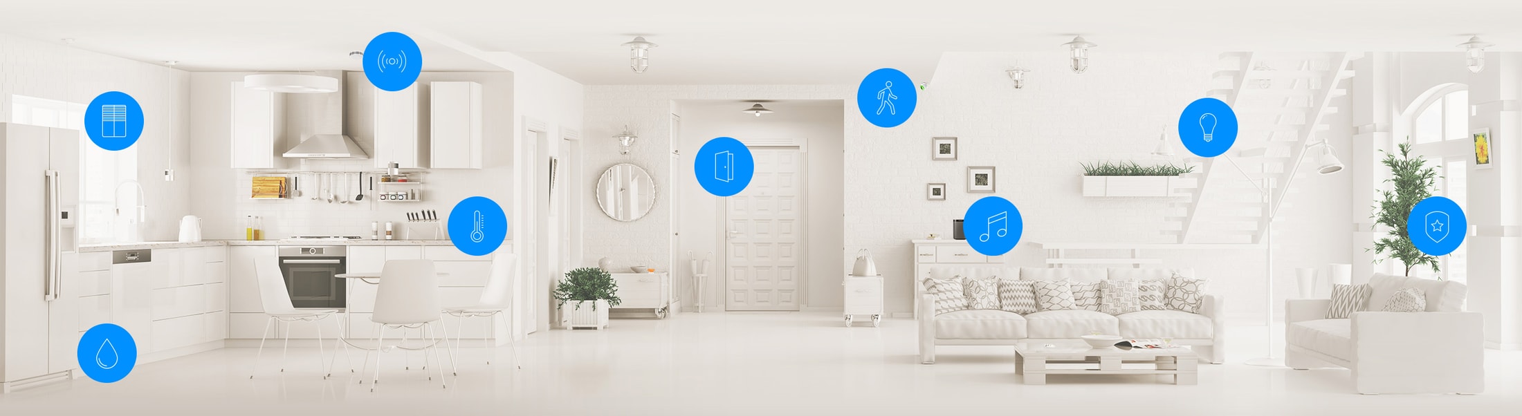 Intérieur de maison blanc et lumineux avec des icônes bleues flottantes représentant diverses fonctions domotiques comme l’éclairage, la température et la sécurité.