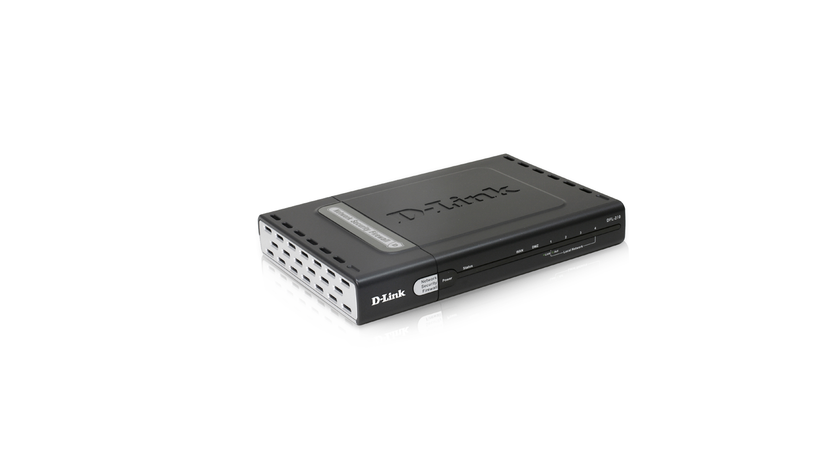 Boîtier noir rectangulaire de la marque D-Link modèle DFL-210 posé sur fond blanc, présentant des ports Ethernet sur le côté gauche et des voyants lumineux en façade.