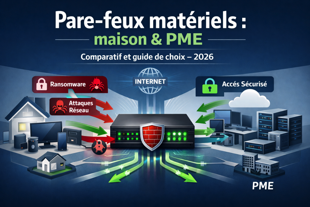 Infographie intitulée Pare-feux matériels maison et PME montrant un boîtier central avec un bouclier rouge connecté à une maison à gauche et des bureaux à droite, avec des flèches rouges et vertes symbolisant les flux réseau.