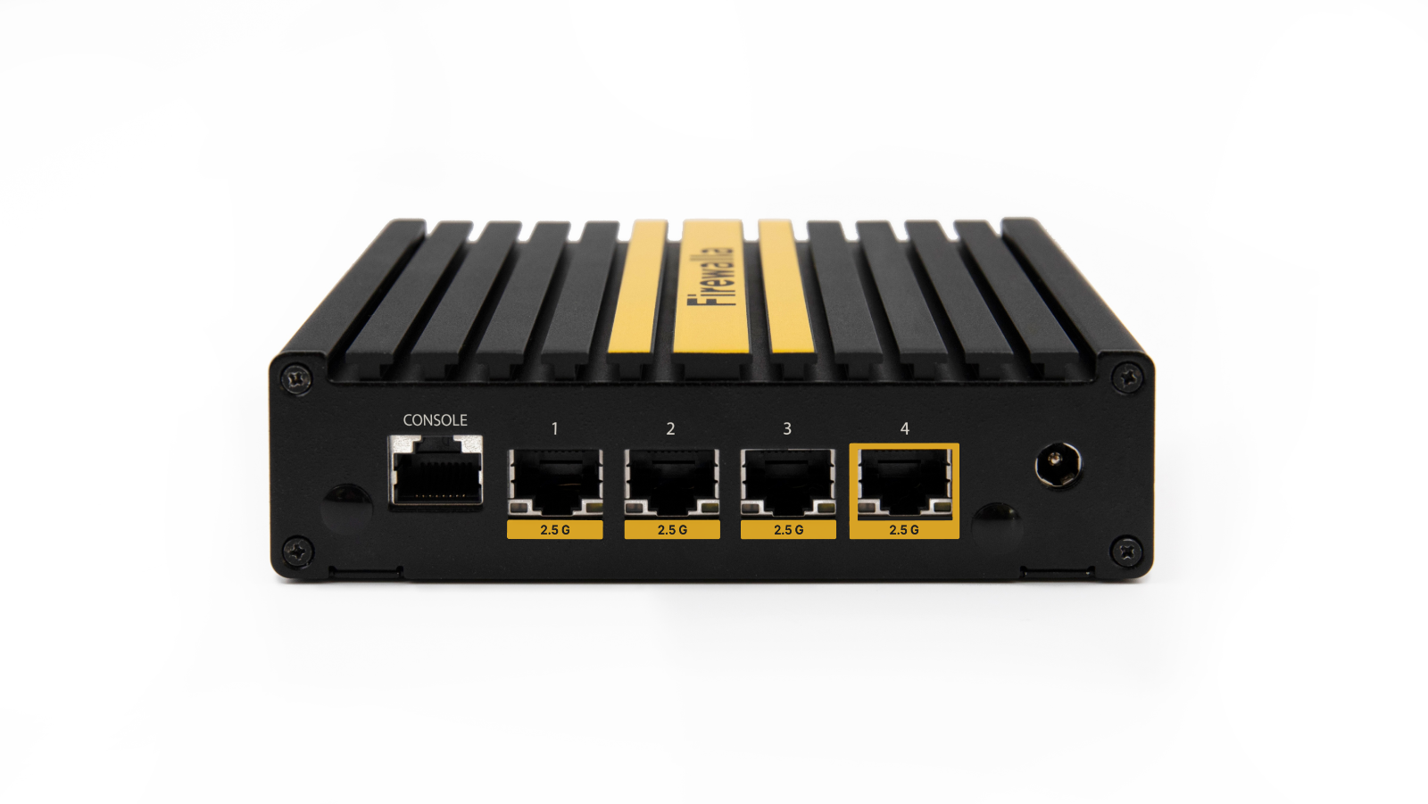 Boîtier firewall Firewalla noir avec dissipateur thermique à ailettes et bandes jaunes, équipé d’un port console et de quatre ports réseau 2.5G numérotés.