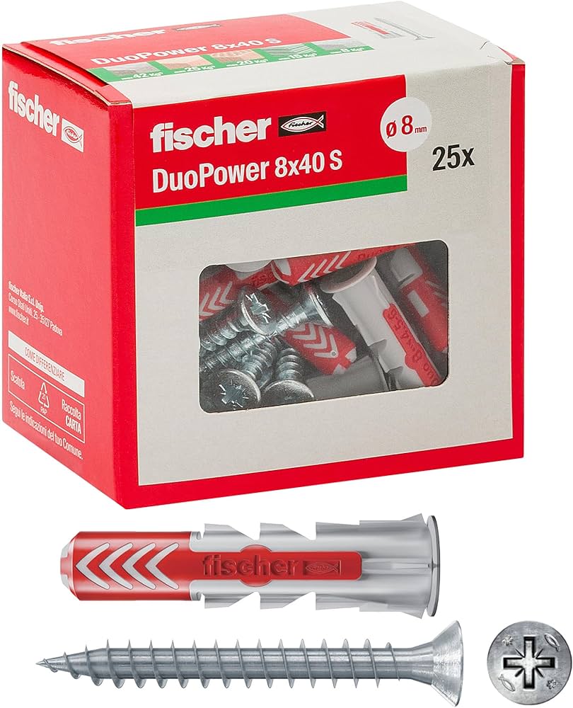 Boîte rouge et blanche de 25 chevilles Fischer DuoPower 8x40mm avec vis, et une cheville rouge et grise avec vis présentée en dessous