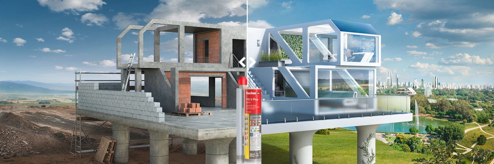 Cartouche de résine FIS V Plus avec embout mélangeur au centre, entre un bâtiment en construction et le même bâtiment fini
