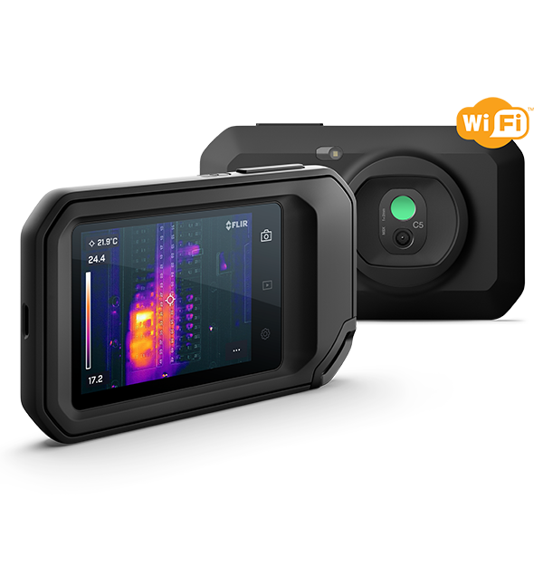 Caméra thermique compacte Teledyne FLIR C5 vue de dos et de face avec son écran thermique