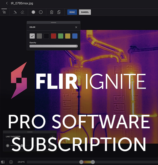 Interface FLIR Ignite montrant une image thermique de tableau électrique avec outils de rapport et d’annotation
