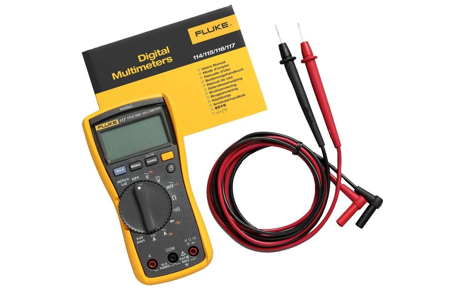 Fluke 117 avec ses cordons et son manuel utilisateur