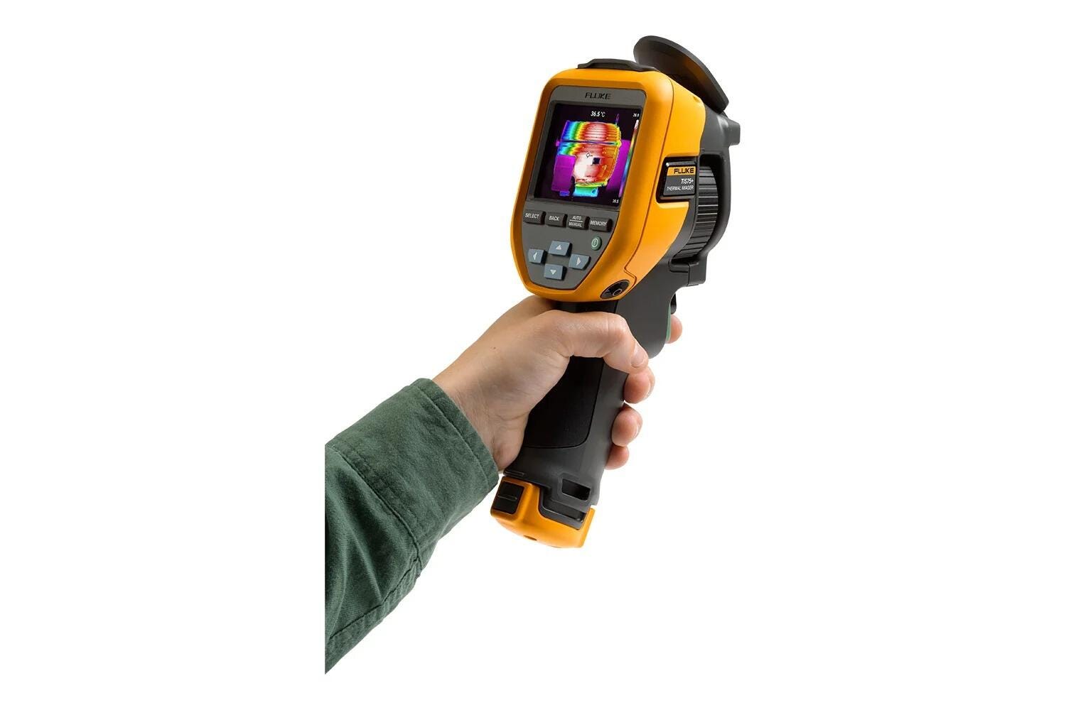 Caméra thermique Fluke TiS75+ tenue en main avec image thermique affichée à l’écran