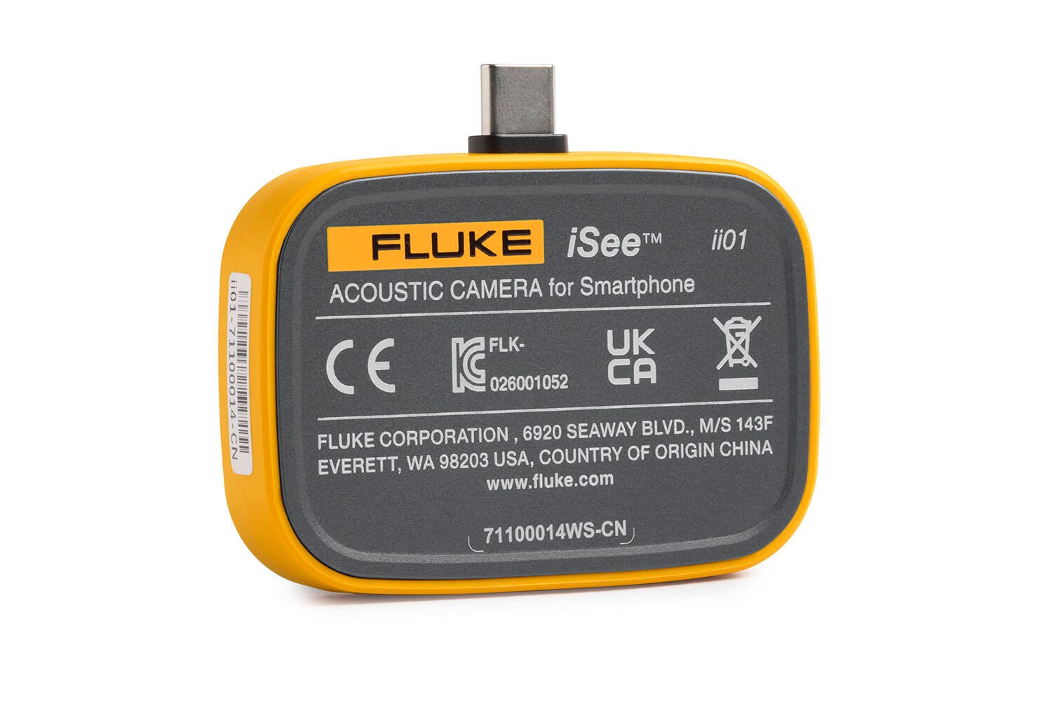 Le dos d'un appareil jaune et gris avec un connecteur USB-C et les inscriptions FLUKE iSee ii01 ACOUSTIC CAMERA for Smartphone.