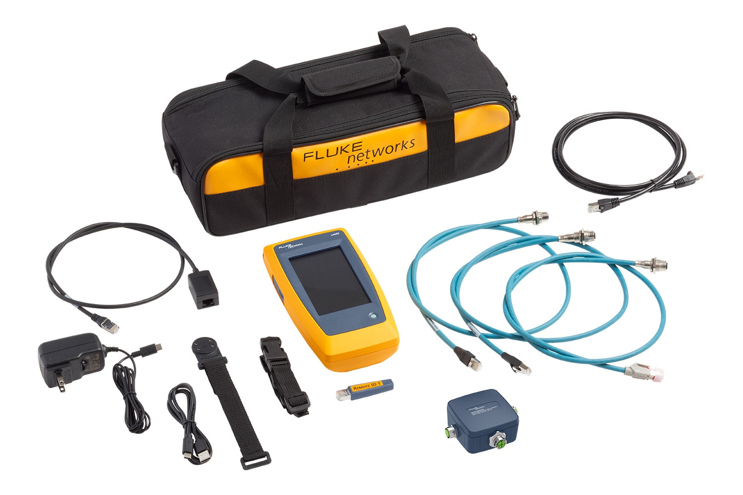 Kit complet Fluke Networks LinkIQ comprenant une sacoche de transport, le testeur principal, divers câbles de raccordement et accessoires.