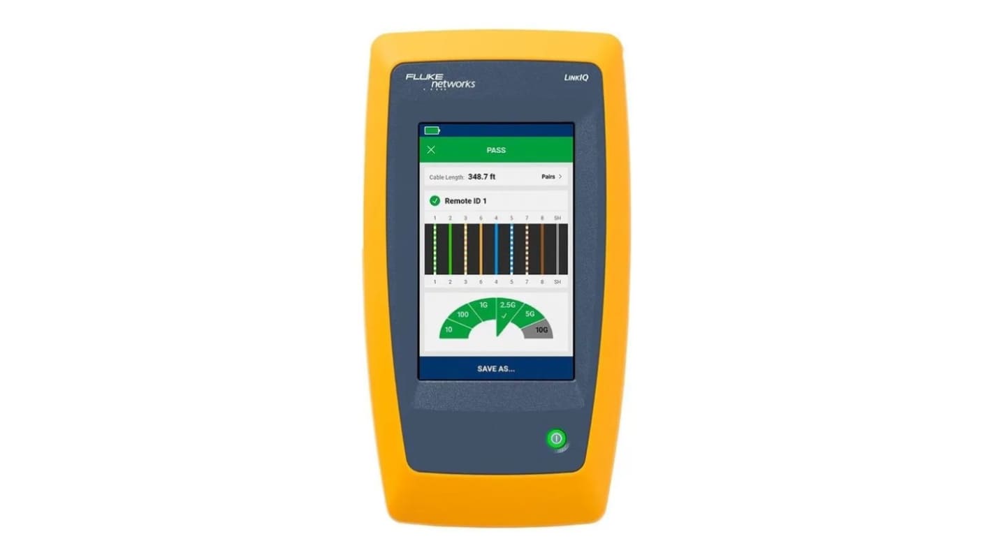 Testeur de câblage réseau Fluke Networks LinkIQ affichant un résultat de test réussi avec la longueur du câble et la vitesse de liaison.