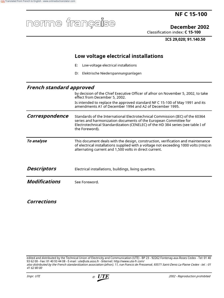 Page de couverture du document officiel NF C 15-100 de décembre 2002 intitulé 'Low voltage electrical installations', mentionnant 'norme française' et 'French standard approved' avec les index de classification C 15-100 et ICS 29,020; 91.140.50.