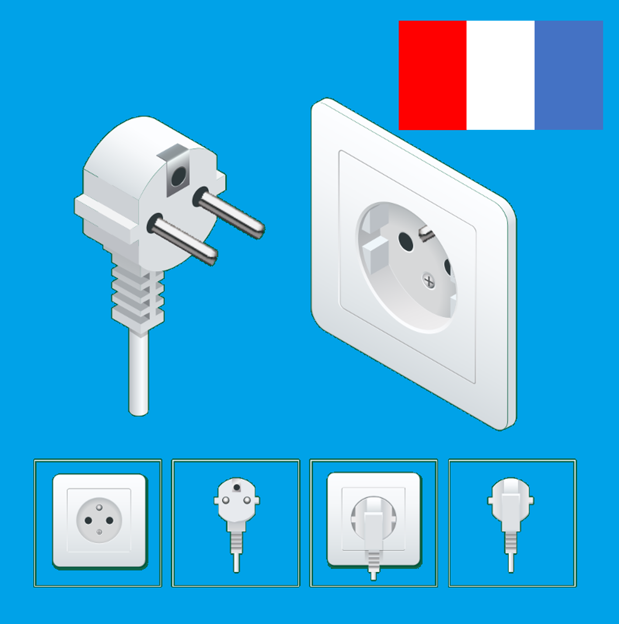 Illustration d’une prise murale et d’une fiche électrique de type français (type E) avec broches rondes et broche de terre, accompagnée du drapeau français en haut à droite et de quatre vignettes montrant différentes configurations de prises et fiches françaises sur fond bleu.