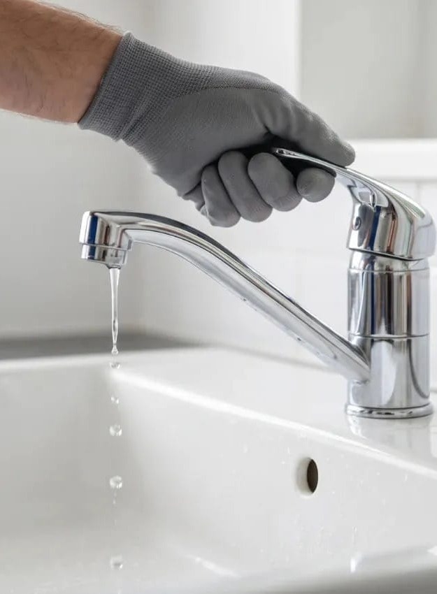 Mitigeur chromé d'évier avec une main sur la poignée et une goutte d'eau au bec