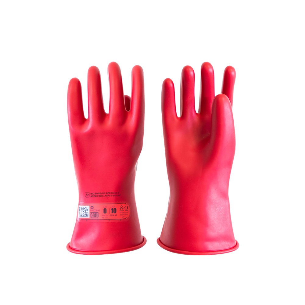 Gants isolants Catu CG-0 de classe 0 avec leurs marquages de classe, taille et norme