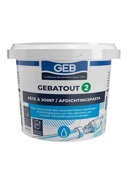 Pot de 500 g de pâte à joint GEB Gebatout 2 avec la mention la référence des plombiers depuis 1860