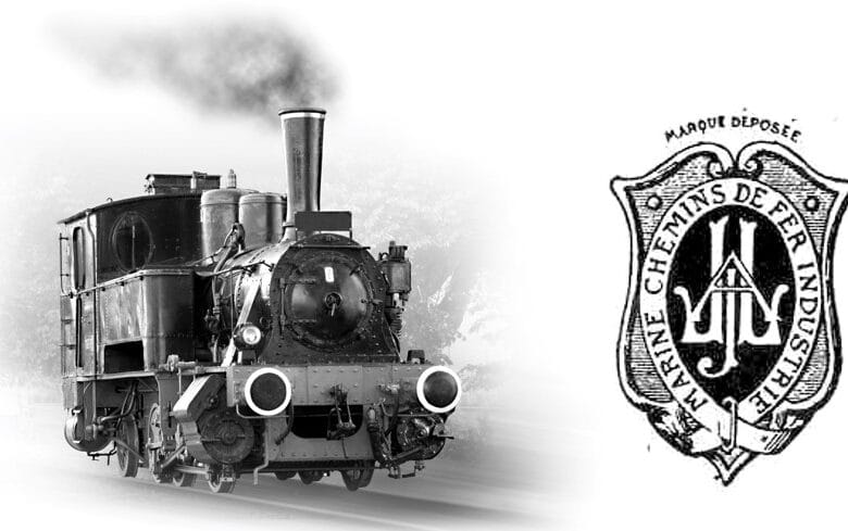 Locomotive à vapeur ancienne et écusson marque déposée GEB pour la marine et les chemins de fer