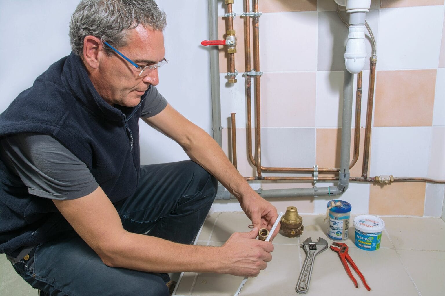 Pot de pâte GEBATOUT 2 présenté avec le bobino de filasse de lin RT1, solution de joint filasse certifiée eau potable