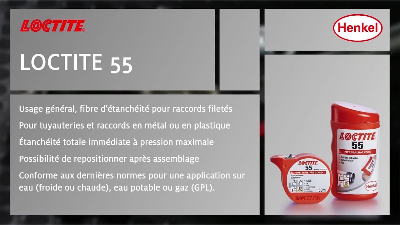 Fibre d'étanchéité LOCTITE 55 enroulée sur un filetage métallique, image extraite de la vidéo officielle Henkel