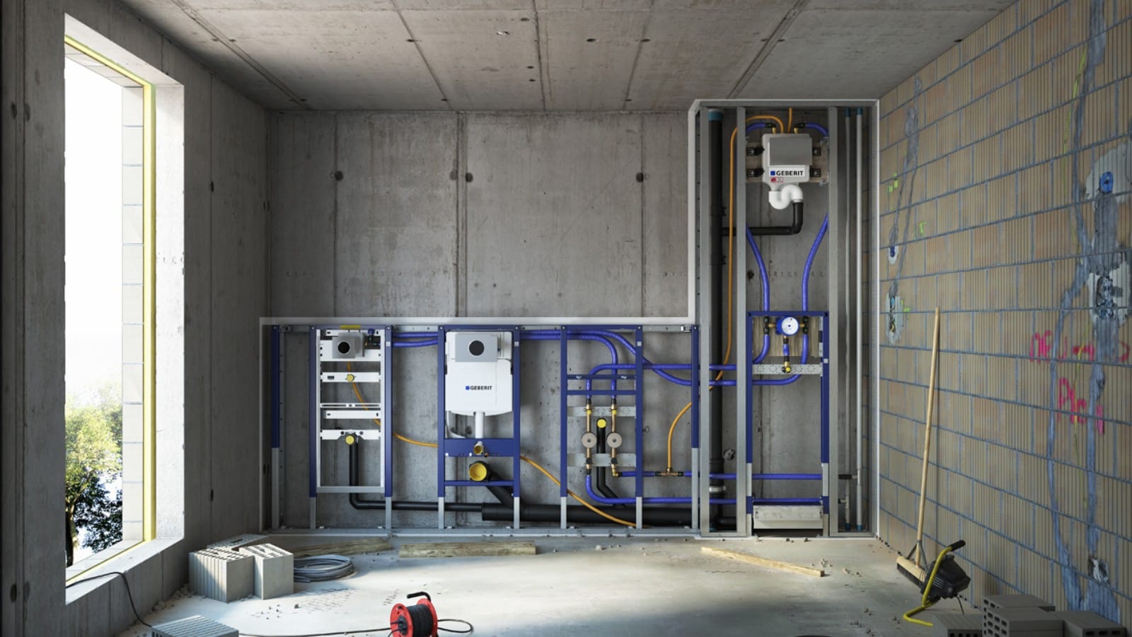 Installation d'une paroi en applique Geberit Duofix avec réservoirs encastrés sur chantier