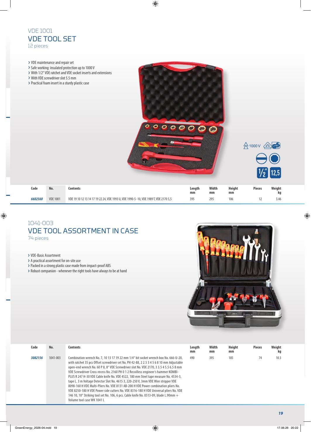 Page du catalogue GEDORE montrant le coffret VDE 1001 et la liste de ses douze pièces