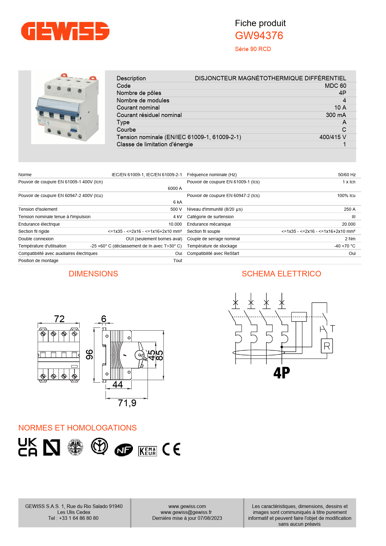 Fiche technique détaillée d’un disjoncteur magnétothermique différentiel GEWISS référence GW94376 incluant tableau des caractéristiques et schémas.