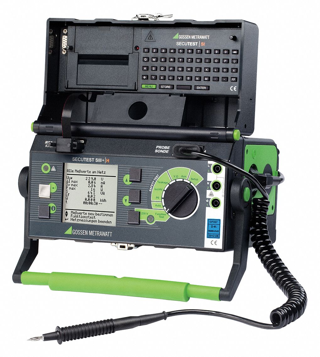 Un appareil de test électrique portable ouvert avec un clavier, un écran affichant des mesures et une sonde, portant la marque Gossen Metrawatt Secutest.